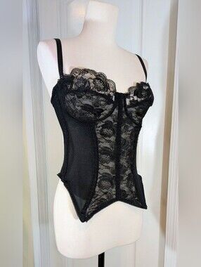 Vintage Addona Black Lace Bustier Corset Hook Up BackWomen Lingerie 36C